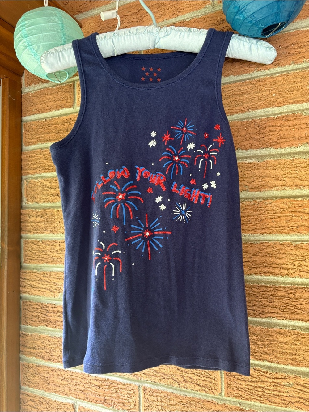 Girls large 10/12 blue 4th of July tank top with glitter and rhinestones